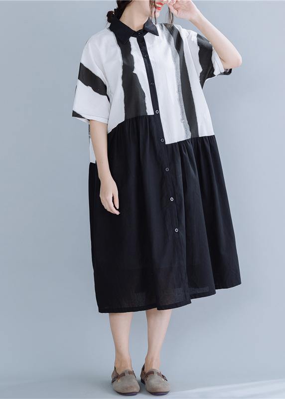 Chic lapel patchwork linen dresses Neckline black striped Dress summer - SooLinen