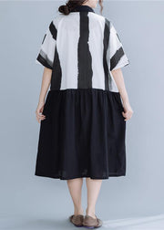 Chic lapel patchwork linen dresses Neckline black striped Dress summer - SooLinen