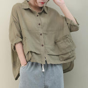 Chic lapel pockets linen shirts women Christmas Gifts khaki blouse - SooLinen