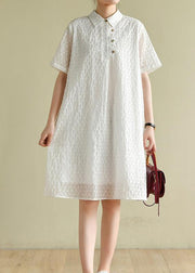 Chic lapel summer quilting dresses Inspiration white dotted Dress - SooLinen