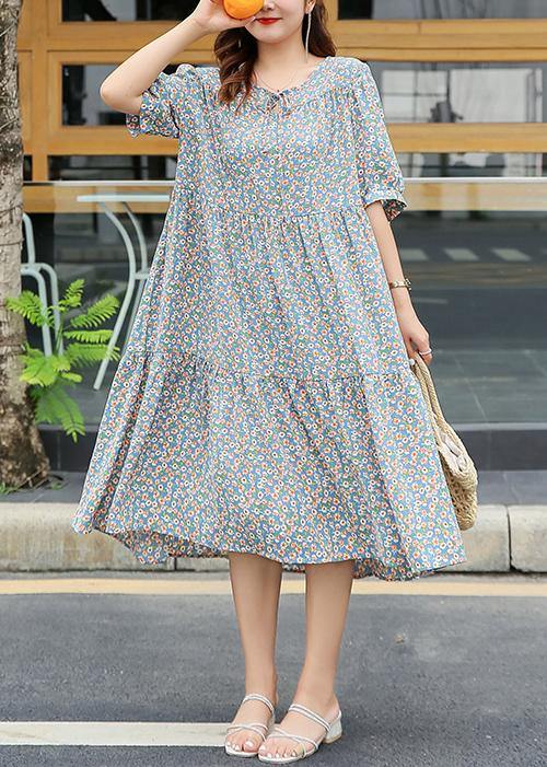 Chic light blue floral cotton Wardrobes ruffles hem Dresses summer Dre ...