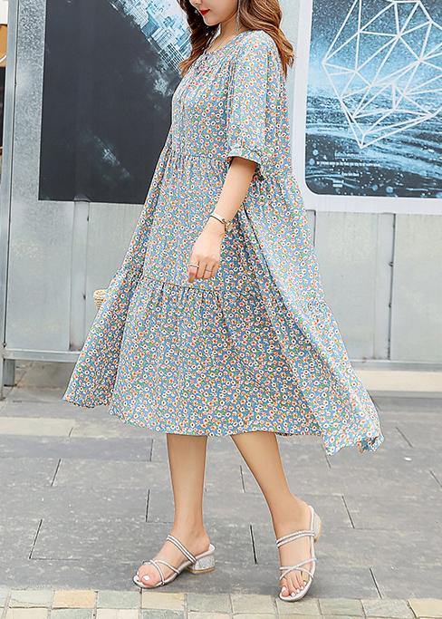 Chic light blue floral cotton Wardrobes ruffles hem Dresses summer Dre ...
