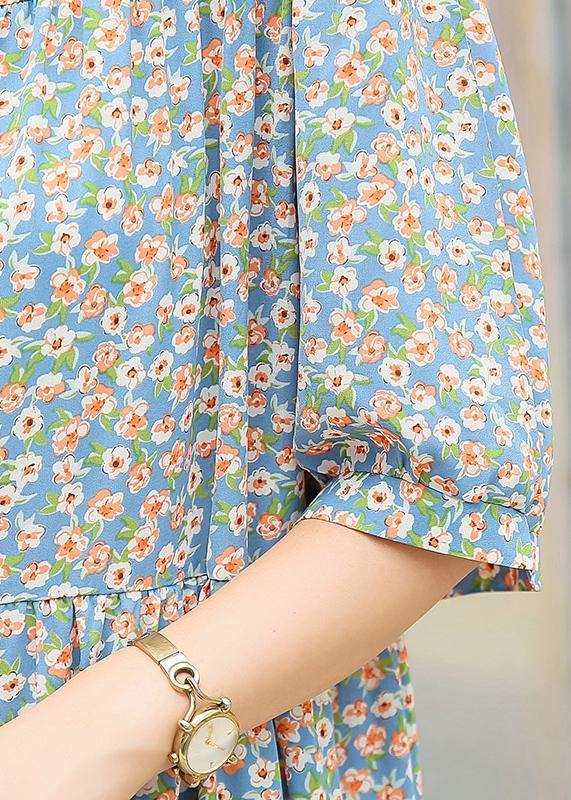 Chic light blue floral cotton Wardrobes ruffles hem Dresses summer Dresses - SooLinen