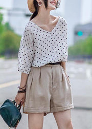 Chic linen Blouse Vintage Casual Linen Dot V-Neck Women Blouse - SooLinen