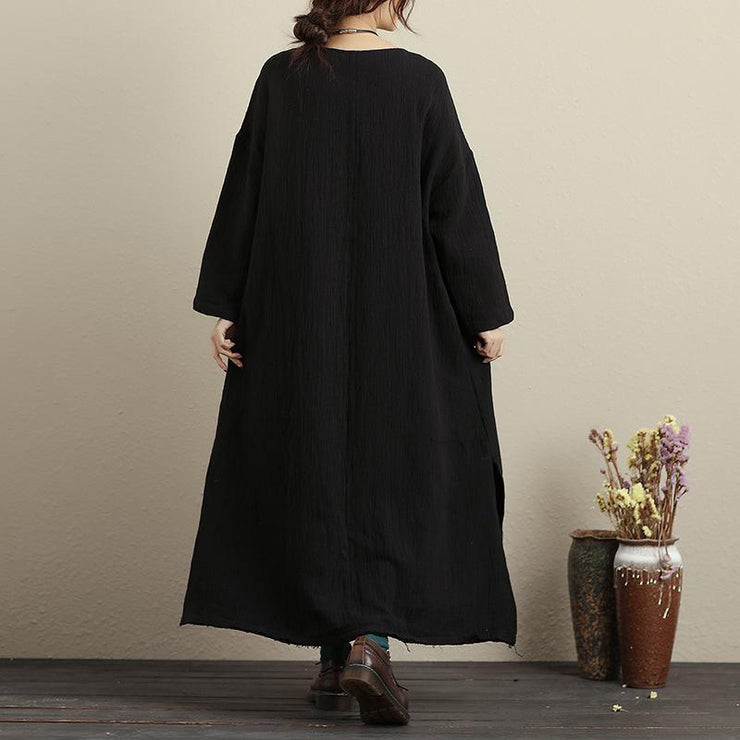Chic linen Robes plus size Women Long Sleeve Pockets High-Low Hem Raw-Edge Trim Dress