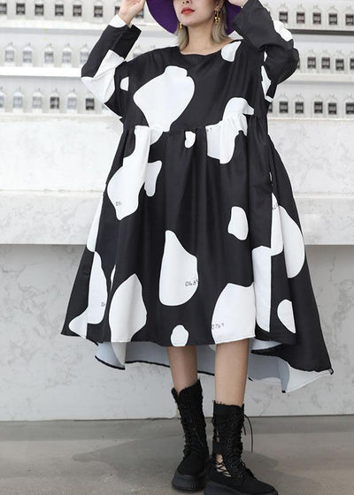 Chic low high design cotton high waist Tunics Sleeve black cotton robes Dresses - SooLinen