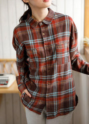 Chic low high design linen cotton lapel shirts plaid baggy blouses - SooLinen