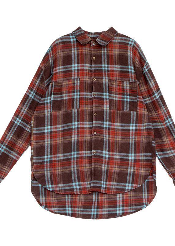 Chic low high design linen cotton lapel shirts plaid baggy blouses - SooLinen