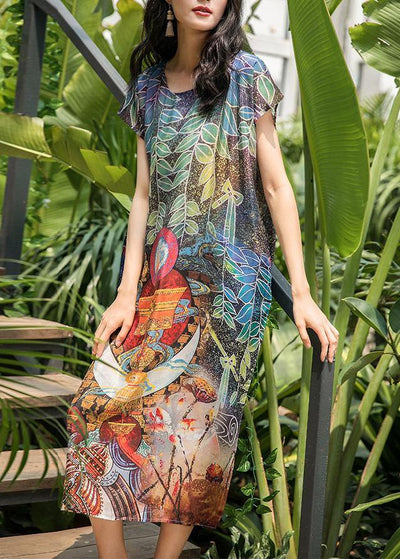 Chic multicolor silk dresses o neck short sleeve Dresses summer Dresses - SooLinen