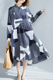Schicke marineblaue Baumwollkleidung für Damen, feine Kleiderschränke, Stehkragen, extra großer Saum, Maxi-Sommerkleid