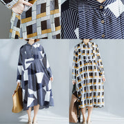 Schicke marineblaue Baumwollkleidung für Damen, feine Kleiderschränke, Stehkragen, extra großer Saum, Maxi-Sommerkleid
