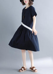 Chic navy cotton clothes For Women patchwork loose summer Dress - SooLinen