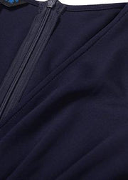 Chic navy cotton quilting dresses side open Art v neck Dress - SooLinen