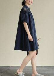 Chic navy linen dress lapel patchwork hollow out daily summer Dress - SooLinen