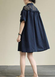 Chic navy linen dress lapel patchwork hollow out daily summer Dress - SooLinen