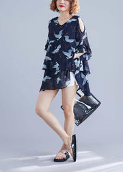 Chic navy print chiffon dresses Vintage Outfits v neck Ruffles Summer Dresses - SooLinen