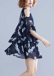Chic navy print chiffon dresses Vintage Outfits v neck Ruffles Summer Dresses - SooLinen