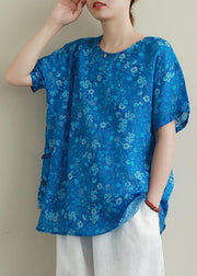 Chic o neck Chinese Button linen clothes For Women Work blue print blouse - SooLinen