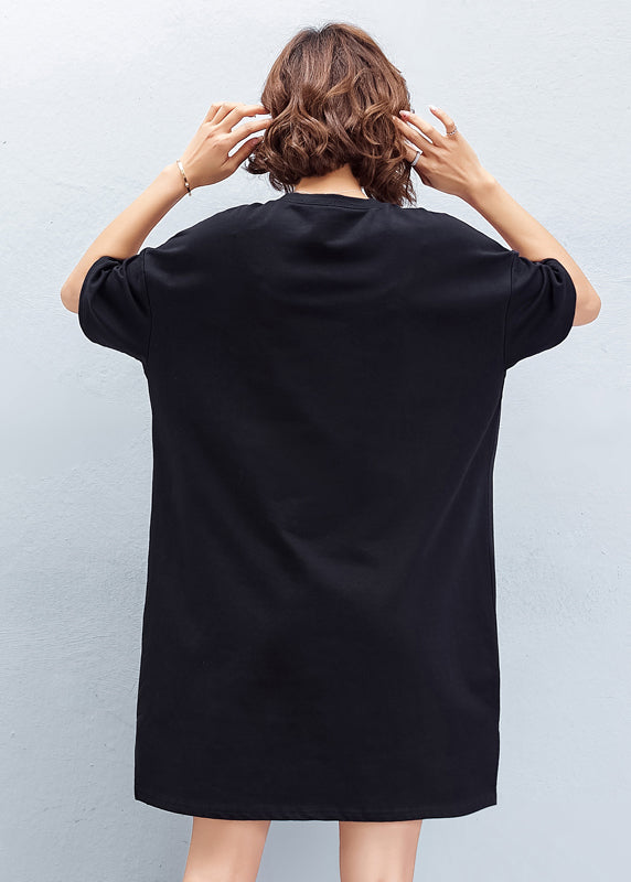 Schicker O-Ausschnitt Baumwoll-Tunika-Oberteil Stiche Inspiration schwarzer Druck Art Kleider Sommer