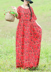 Chic o neck Half sleeve cotton linen dresses 2019 Inspiration red floral Traveling Dresses Summer - SooLinen