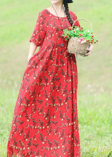 Chic o neck Half sleeve cotton linen dresses 2019 Inspiration red floral Traveling Dresses Summer - SooLinen