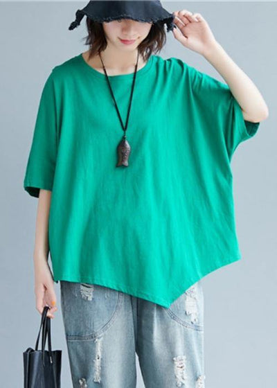 Chic o neck asymmetric cotton tunic top Shape green top - SooLinen