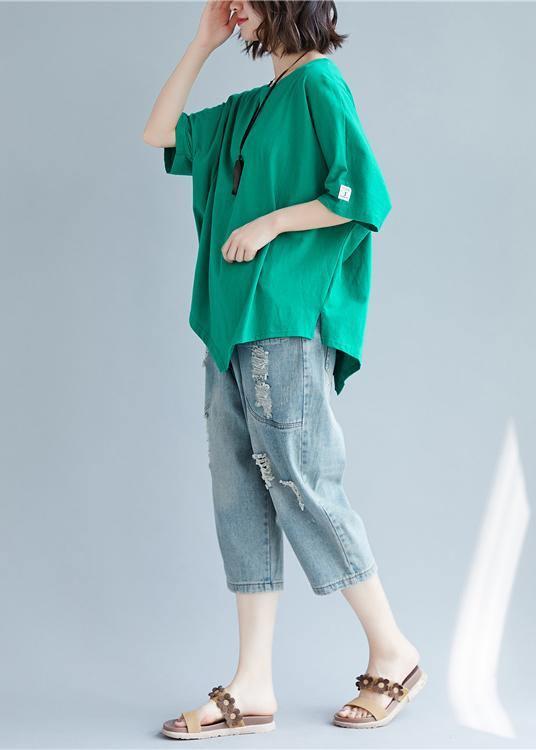 Chic o neck asymmetric cotton tunic top Shape green top - SooLinen