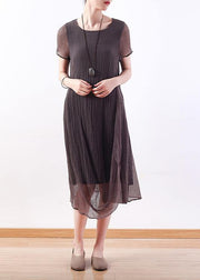 Chic o neck asymmetric silk linen clothes For Women Korea Work Outfits gray Maxi Dresses Summer - SooLinen