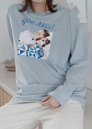 Chic o neck cotton prints Long Shirts Outfits light blue blouse - SooLinen