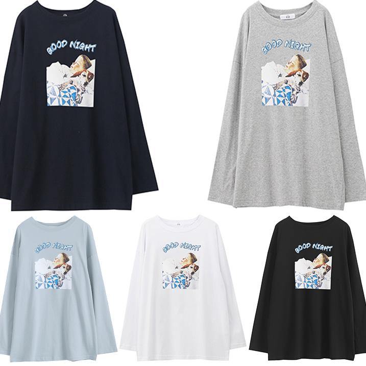 Chic o neck cotton prints Long Shirts Outfits light blue blouse - SooLinen