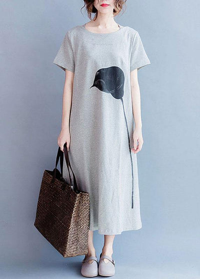 Chic o neck cotton summer Tunics gray print long Dresses - SooLinen