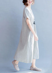 Chic o neck cotton summer Tunics gray print long Dresses - SooLinen