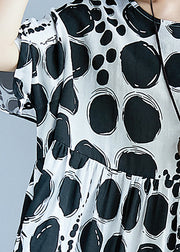 Schicke O-Neck-Kleidung mit extra großem Saum aus Baumwolle und Leinen für Damen, Runway, schwarz gepunktetes Kunstkleid, Sommer