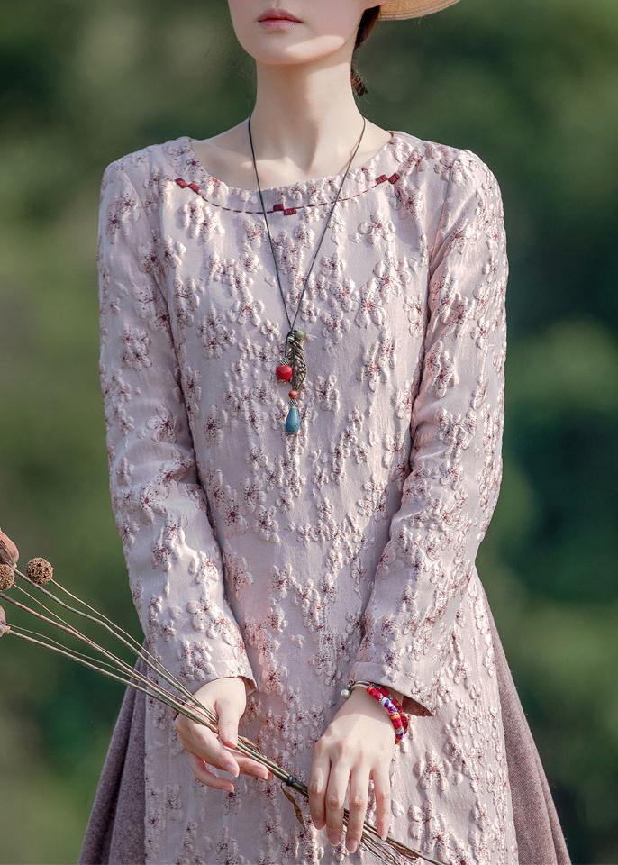 Chic o neck false two pieces spring clothes For Women Photography pink embroidery Dresses - SooLinen