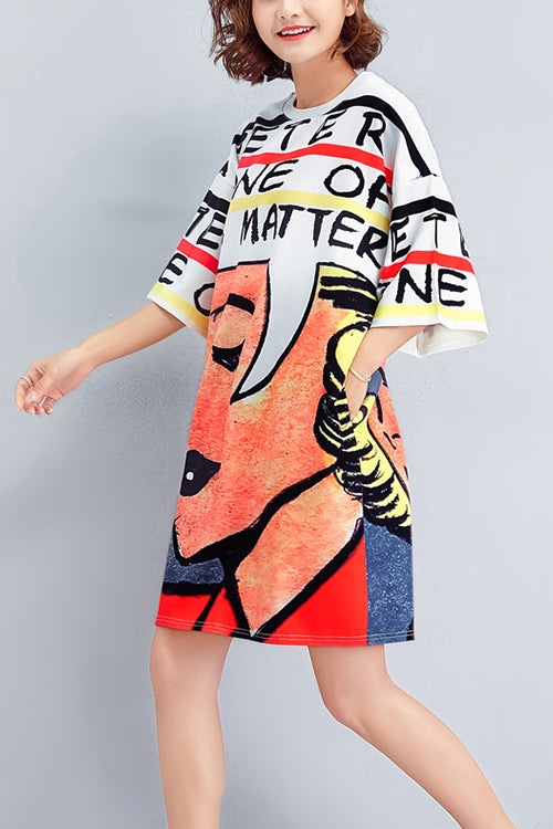 Schicke Kleiderschränke aus Seide mit O-Ausschnitt und halben Ärmeln. Fun Outfits drucken Plus Size Dress Summer