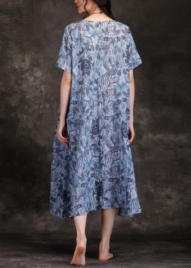 Chic o neck linen Wardrobes blue print Dresses summer - SooLinen