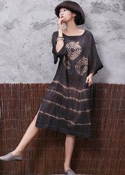 Chic o neck linen cotton clothes For Women Sleeve brown side open Dresses summer - SooLinen