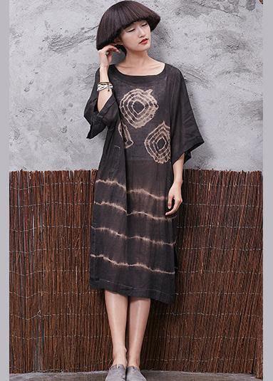 Chic o neck linen cotton clothes For Women Sleeve brown side open Dresses summer - SooLinen