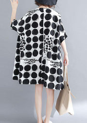 Chic o neck linen quilting dresses Tunic Tops black plaid Dresses summer - SooLinen