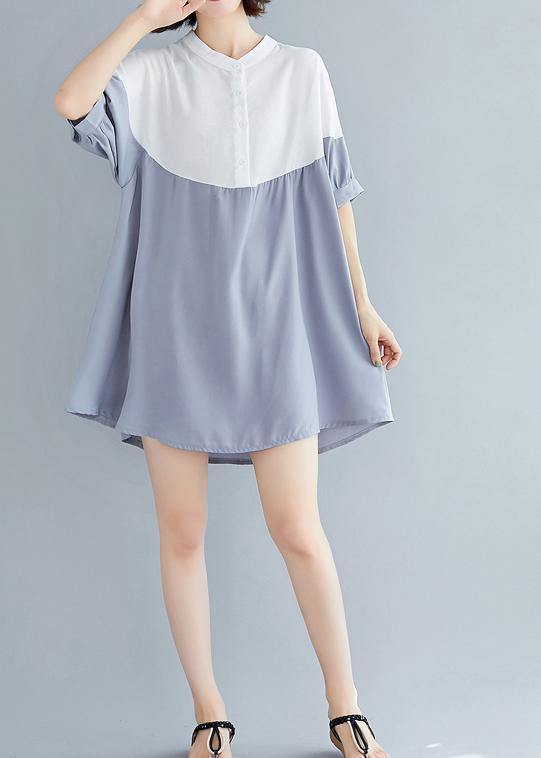 Chic o neck patchwork chiffon dresses Indian Fashion Ideas gray blue Dress Summer - SooLinen