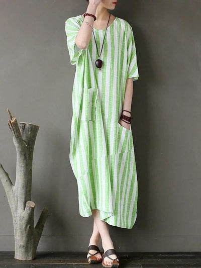 Chic o neck patchwork cotton dresses Tutorials green striped Traveling Dresses - SooLinen