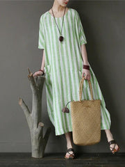 Chic o neck patchwork cotton dresses Tutorials green striped Traveling Dresses - SooLinen