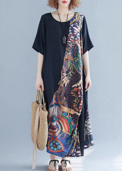 Chic o neck patchwork cotton summer dresses Photography black Robe Dress - SooLinen