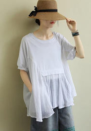 Chic o neck patchwork cotton summerLong Shirts Fabrics white tops - SooLinen