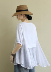 Chic o neck patchwork cotton summerLong Shirts Fabrics white tops - SooLinen