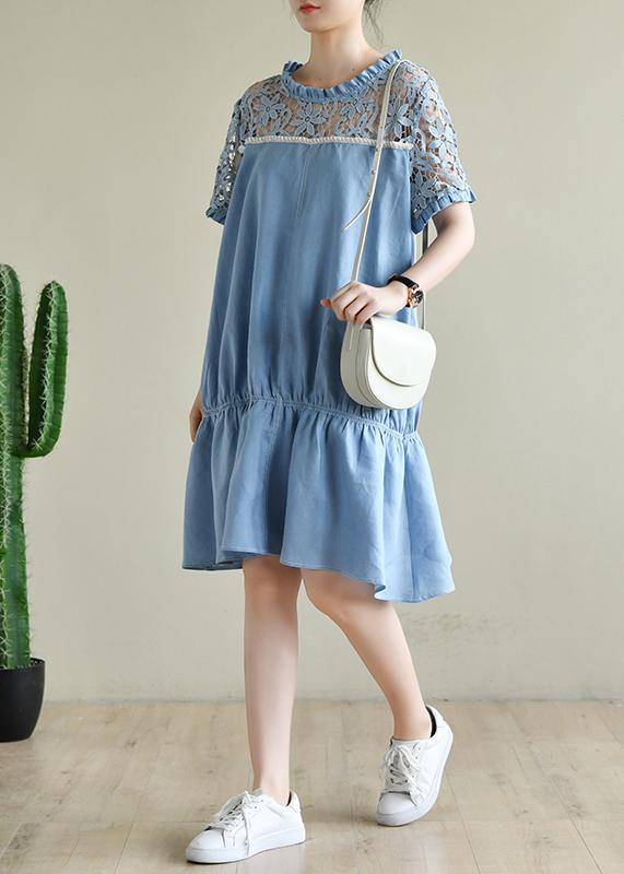 Chic o neck patchwork lace summer dress light blue Dresses - SooLinen