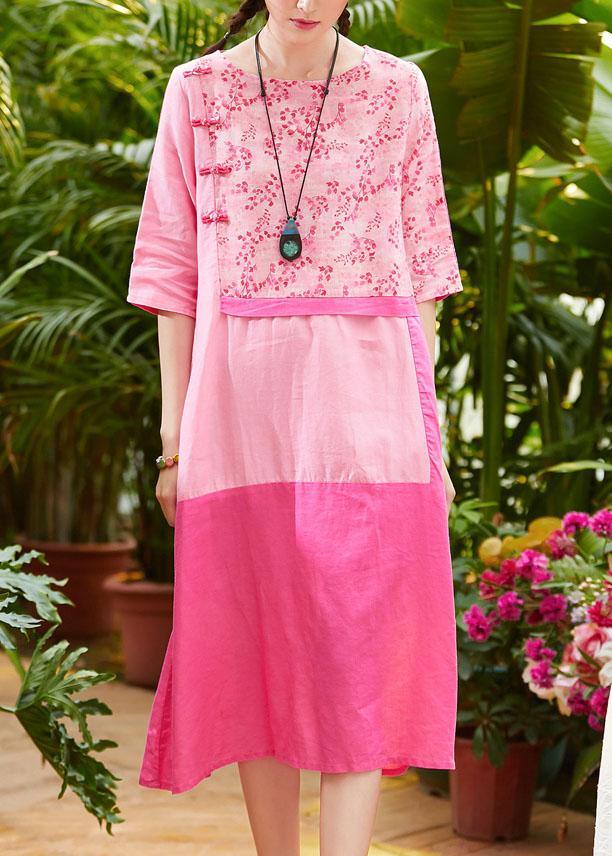 Chic o neck patchwork linen dresses pattern pink print Dresses summer - SooLinen