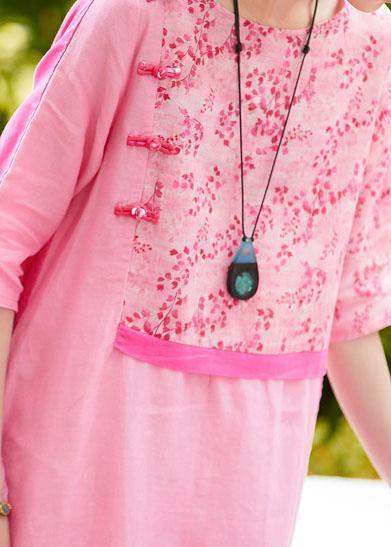 Chic o neck patchwork linen dresses pattern pink print Dresses summer - SooLinen