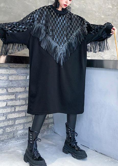 Chic o neck patchwork tassel fall dresses pattern black long Dresses - SooLinen