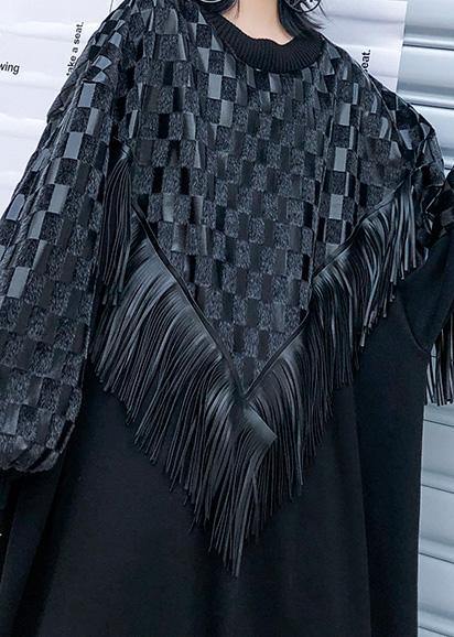 Chic o neck patchwork tassel fall dresses pattern black long Dresses - SooLinen